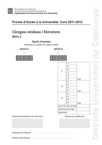 Examen de Lengua Catalana y Literatura (PAU de 2012)