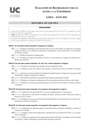 Examen de Historia de España (EBAU de 2022)