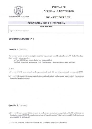 Examen de Economía de la Empresa (PAU de 2011)