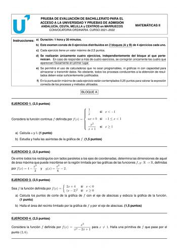 Examen de Matemáticas II (PEvAU de 2022)