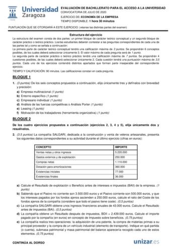 Examen de Economía de la Empresa (EvAU de 2020)