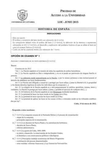 Examen de Historia de España (PAU de 2015)