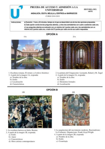 Examen de Historia del Arte (PEvAU de 2019)