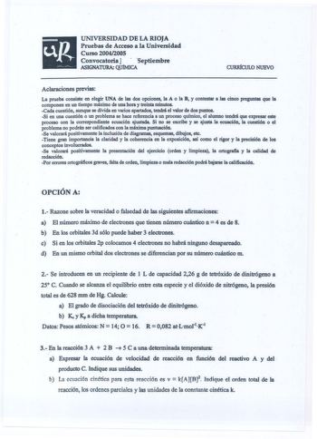 Examen de Química (selectividad de 2005)