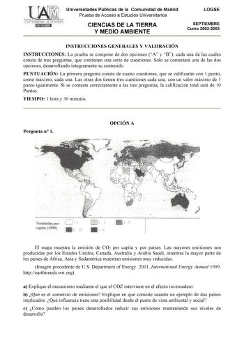 Examen de Ciencias de la Tierra y Medioambientales (selectividad de 2003)