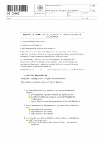 Examen de Historia de España (EBAU de 2017)