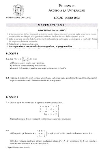 Examen de Matemáticas II (selectividad de 2002)