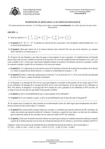 Examen de Matemáticas Aplicadas a las Ciencias Sociales (EBAU de 2019)