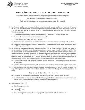 Examen de Matemáticas Aplicadas a las Ciencias Sociales (selectividad de 1999)