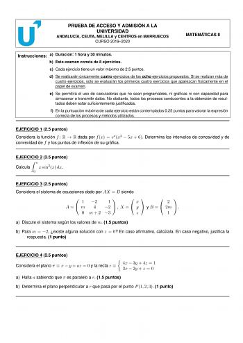 Examen de Matemáticas II (PEvAU de 2020)
