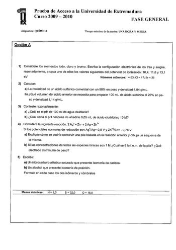 Examen de Química (PAU de 2010)