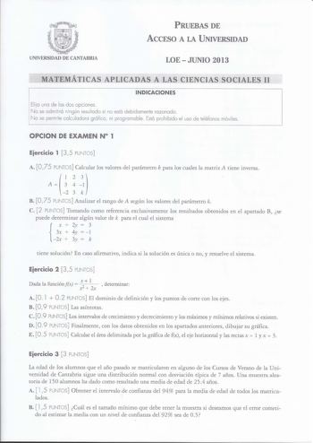 Examen de Matemáticas Aplicadas a las Ciencias Sociales (PAU de 2013)