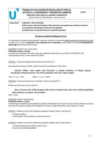 Examen de Latín II (PEvAU de 2022)
