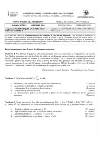 Examen de Matemáticas Aplicadas a las Ciencias Sociales (PAU de 2020)