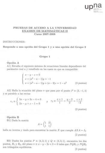 Examen de Matemáticas II (selectividad de 2008)