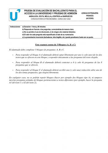 Examen de Francés (PEvAU de 2022)