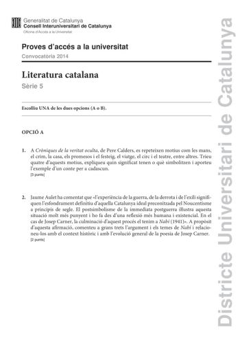 Examen de Literatura Catalana (PAU de 2014)