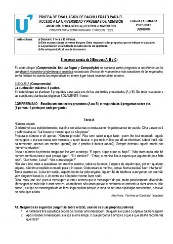 Examen de Portugués (PEvAU de 2022)