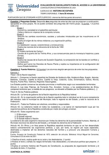 Examen de Historia de España (EvAU de 2021)