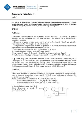 Universitat Prava daccés Convocatoria deleslllesBalears a la Universitat 2016 Tecnología Industrial 11 Model 1 Tria una de les dues opcions i contesta només les qestions i els problemes corresponents a Popció seleccionada Cada qestió val 15 punts i els dos problemes un total de 7 punts Els errors de concepte invalidaran la resposta ija no es puntuara encara que hi hagi encerts parcials OPCIÓA Problemes 1 4 punts Un motor electric pot girar cap a la dreta D i cap a esquerra E El gir esta control…