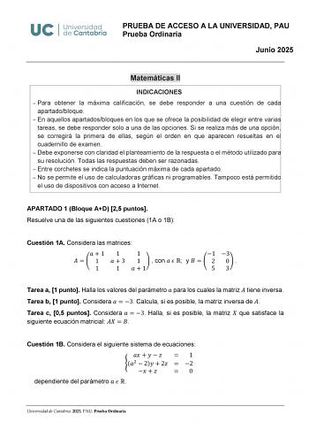 Examen de Matemáticas II (EBAU de 2025)