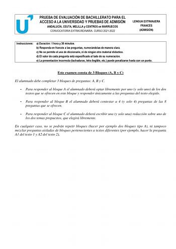 Examen de Francés (PEvAU de 2022)
