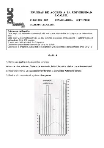 PRUEBAS DE ACCESO A LA UNIVERSIDAD LOGSE CURSO 2006  2007 CONVOCATORIA SEPTIEMBRE MATERIA GEOGRAFÍA Criterios de calificación Debe elegir una de las dos opciones A o B y no puede intercambiar las preguntas de cada una de ellas Debe elegir y definir sólo cuatro de los seis términos propuestos en la pregunta 1 cada término será calificado de 00 a 075 puntos El tema será calificado de 00 a 30 puntos La cuestión práctica será calificada de 00 a 30 puntos La sintaxis la ortografía la claridad en la …