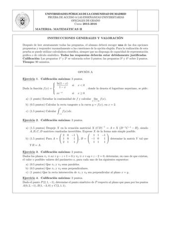 Examen de Matemáticas II (PAU de 2016)