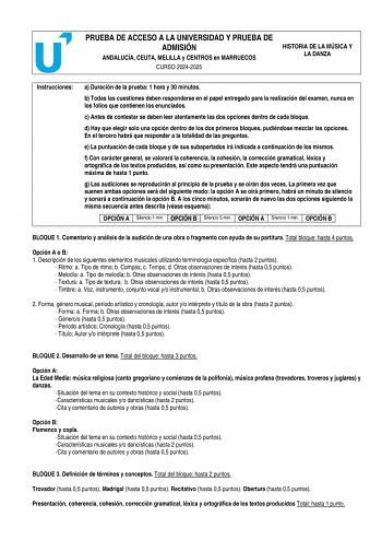 Examen de Historia de la Música y de la Danza (PEvAU de 2025)