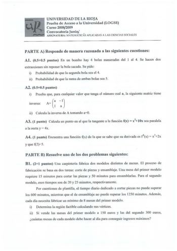 Examen de Matemáticas Aplicadas a las Ciencias Sociales (selectividad de 2009)