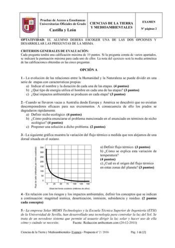 Examen de Ciencias de la Tierra y Medioambientales (PAU de 2016)