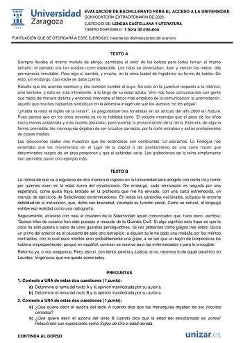 Examen de Lengua Castellana y Literatura (EvAU de 2023)