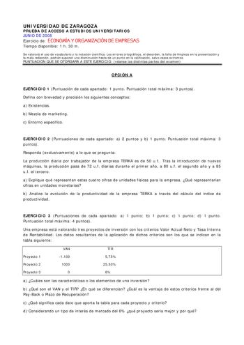 UNIVERSIDAD DE ZARAGOZA PRUEBA DE ACCESO A ESTUDIOS UNIVERSITARIOS JUNIO DE 2008 Ejercicio de ECONOMÍA Y ORGANIZACIÓN DE EMPRESAS Tiempo disponible 1 h 30 m Se valorará el uso de vocabulario y la notación científica Los errores ortográficos el desorden la falta de limpieza en la presentación y la mala redacción podrán suponer una disminución hasta de un punto en la calificación salvo casos extremos PUNTUACIÓN QUE SE OTORGARÁ A ESTE EJERCICIO véanse las distintas partes del examen OPCIÓN A EJERC…