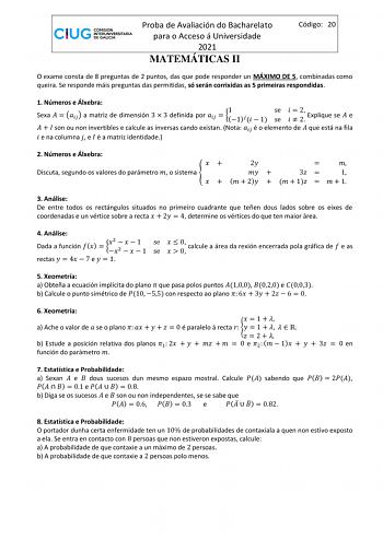 Examen de Matemáticas II (ABAU de 2021)
