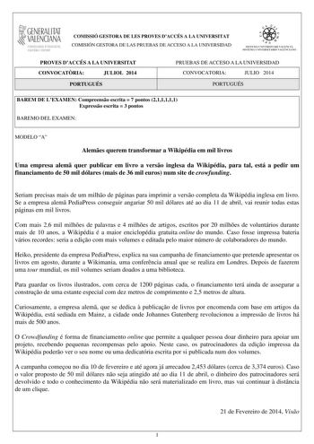 Examen de Portugués (PAU de 2014)