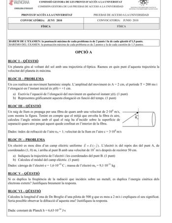 VALENCIANA CONSELLERIA DEDUCACIÓ COMISSIÓ GESTORA DE LES PROVES DACCÉS A LA UNIVERSITAT COMISIÓN GESTORA DE LAS PRUEBAS DE ACCESO A LA UNIVERSIDAD  111  SISTEMA UNIVERSITARI VALENCIÁ SISTE1VIA lJNIVERSITA RIO VALENC IANO PROVES DACCÉS A LA UNIVERSITAT CONVOCATRIA JUNY 2010 PRUEBAS DE ACCESO A LA UNIVERSIDAD CONVOCATORIA JUNIO 2010 FÍSICA FÍSICA BAREM DE LEXAMENlapuntuaciómximadecadaproblemaésde2puntsiladecadaqestiód15punts BAREMO DEL EXAMENlapuntuaciónmáximade cadaproblemaesde 2 puntosylade cad…