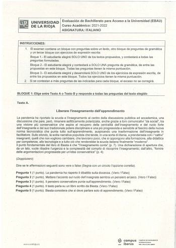 Examen de Italiano (EBAU de 2022)