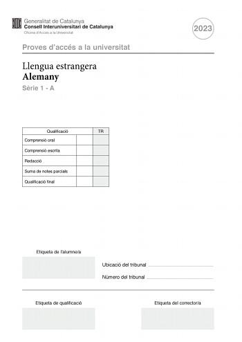 Proves daccés a la universitat Llengua estrangera Alemany Srie 1  A Qualificació TR Comprensió oral Comprensió escrita Redacció Suma de notes parcials Qualificació final 2023 Etiqueta de lalumnea Ubicació del tribunal  Número del tribunal  Etiqueta de qualificació Etiqueta del correctora Teil 1 Hrverstndnis VON INDIEN NACH DEUTSCHLAND Aruna Datayan ist Professorin am Central Leather Research Institute in Chennai Indien Seit 1993 ist sie mehrmals in Deutschland gewesen und hat mit einem Stipendi…