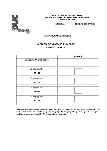 Examen de Ciencias Generales (EBAU de 2025)