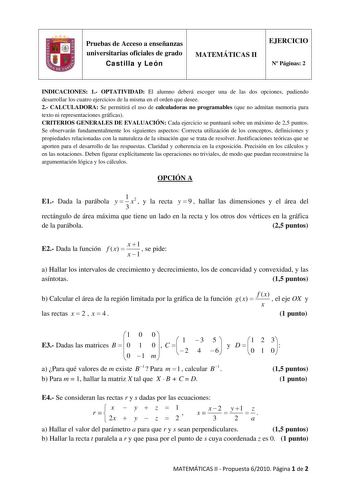 Examen de Matemáticas II (PAU de 2010)