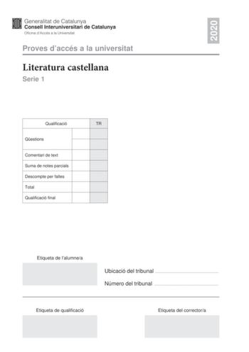 Examen de Literatura Castellana (PAU de 2020)