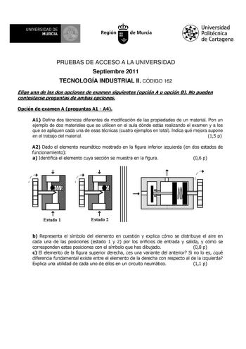 UNIVERSIDAD DE 11 MURCIA 11 Ih Región de Murcia Universidad Politécnica de Cartagena PRUEBAS DE ACCESO A LA UNIVERSIDAD Septiembre 2011 TECNOLOGÍA INDUSTRIAL II CÓDIGO 162 Elige una de las dos opciones de examen siguientes opción A u opción B No pueden contestarse preguntas de ambas opciones Opción de examen A preguntas A1  A4 A1 Define dos técnicas diferentes de modificación de las propiedades de un material Pon un ejemplo de dos materiales que se utilicen en el aula dónde estás realizando el …