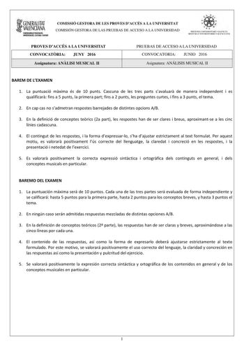 f1 GENERALITAT VALENCIANA CONSEWRIA DEDUCACIÓ INYESTIGACIÓ CULTURA I ESPORT COMISSIÓ GESTORA DE LES PROVES DACCÉS A LA UNIVERSITAT COMISIÓN GESTORA DE LAS PRUEBAS DE ACCESO A LA UNIVERSIDAD tiie    1l  S ISTEMA UN IVRSITARI VALNClA SISTEMA IJ lVERSITARIO VA LENCIANO PROVES DACCÉS A LA UNIVERSITAT CONVOCATRIA JUNY 2016 Assignatura ANLISI MUSICAL II PRUEBAS DE ACCESO A LA UNIVERSIDAD CONVOCATORIA JUNIO 2016 Asignatura ANÁLISIS MUSICAL II BAREM DE LEXAMEN 1 La puntuació mxima és de 10 punts Cascun…