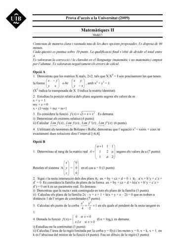 Examen de Matemáticas II (selectividad de 2009)