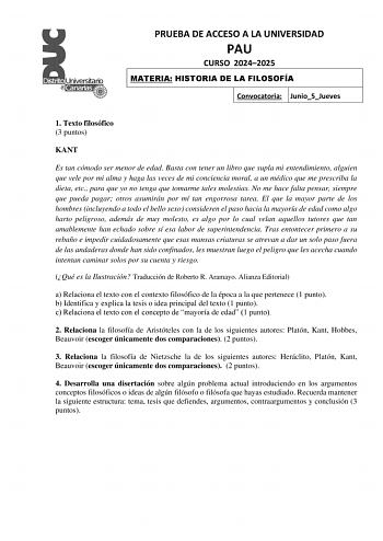Examen de Historia de la Filosofía (EBAU de 2025)