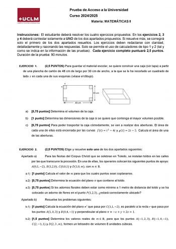 Examen de Matemáticas II (EvAU de 2025)