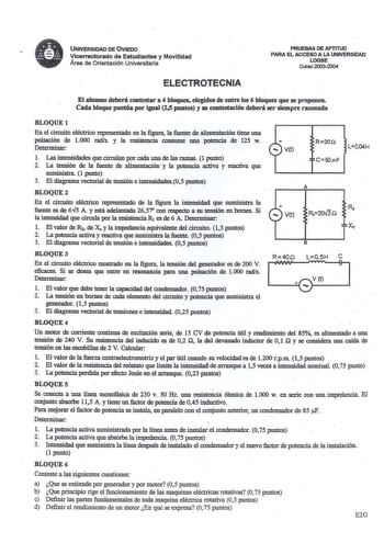 UNIVERSIDAD DE OVIEDO Vicerrectorado de Estudiantes y Movilidad Área de Orientación Universitaria   ELECTROTECNIA PRUEBAS DE APT1TU PARA EL ACCESO A LA UNIVERSIDAD LOGSE CUrso 20032004 El alumno deberá contestar a 4 bloques elegidos de entre los 6 bloques que se proponen Cada bloque puntúa por Igual 25 pwrtos y m contestación deberi ser siempre razonada BLOQUEl    En el circuito eléctrica representado en la figura la fuente de alimentación tiene una pulsación de 1000 rads y la resistencia consu…