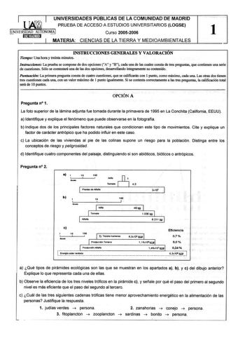 UNIVERSIDADES PUBLICAS DE LA COMUNIDAD DE MADRID PRUEBA DE ACCESO A ESTUDIOS UNIVERSITARIOS LOGSE UNIVERSIDAD AUTONOMA Curso 20052006 1 1n11mi1 MATERIA CIENCIAS DE LA TIERRA Y MEDIOAMBIENTALES INSTRUCCIONES GENERALES Y VALORACION nempo Una hora y treinta minutos Instrucciones La prueba se compone de dos opciones A y B cada una de las cuales consta de tres preguntas que contienen una serie de cuestiones Sólo se contestará una de las dos opciones desarrollando íntegramente su contenido Puntuación…