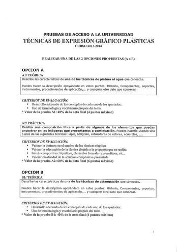 PRUEBAS DE ACCESO A LA UNIVERSIDAD r r r r TECNICAS DE EXPRESION GRAFICO PLASTICAS CURSO 20132014 REALIZAR UNA DE LAS 2 OPCIONES PROPUESTAS A o B OPCION A AlTEÓRICA Describe las características de una de las técnicas de pintura al agua que conozcas Puedes hacer la descripción apoyándote en estos puntos Historia Componentes soportes instrumentos procedimientos de aplicación  y cualquier otro dato que conozcas CRITERIOS DE EVALUACIÓN  Desarrollo adecuado de los conceptos de cada uno de los aparta…