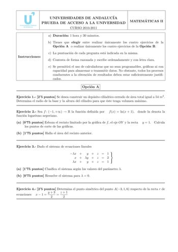 Examen de Matemáticas II (PAU de 2011)